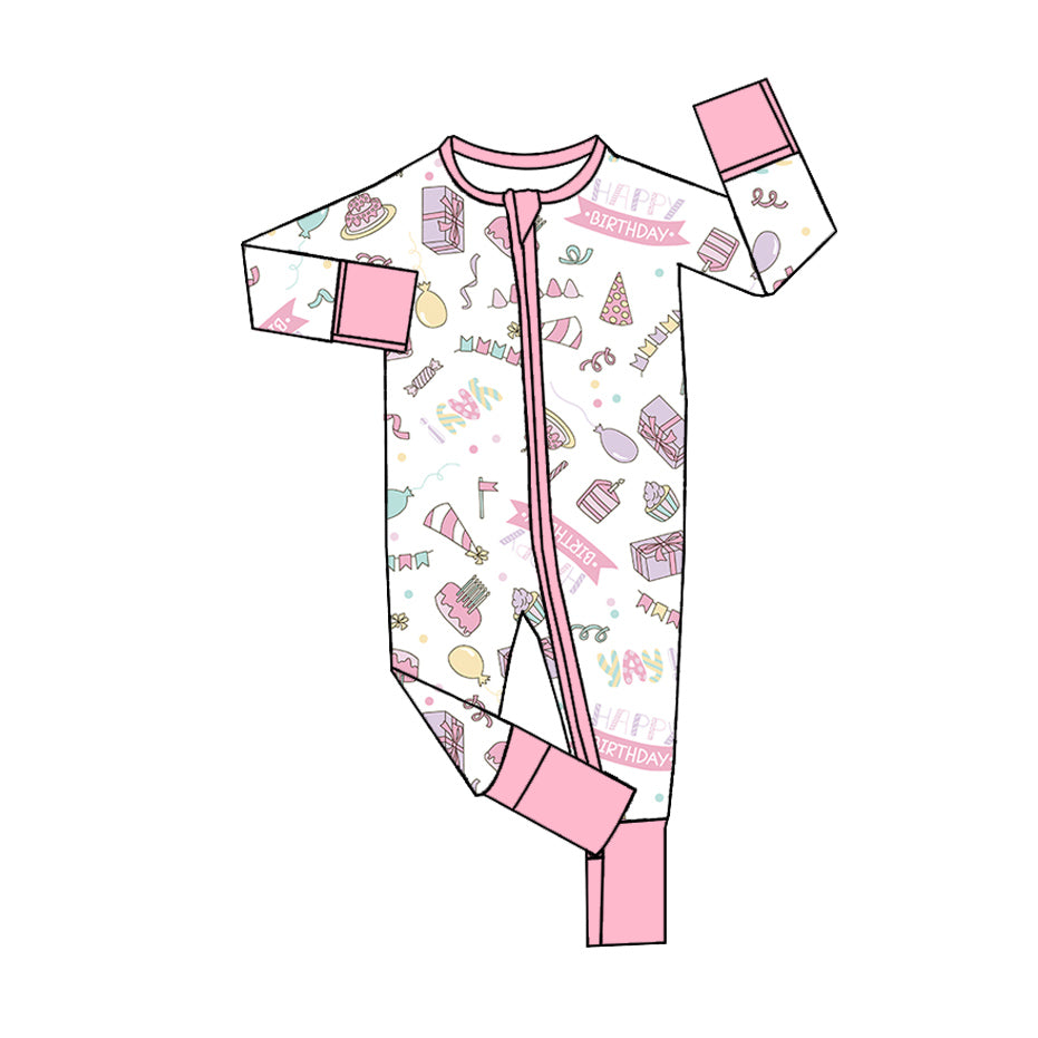 preorder LR2166 Happy Birthday Cake Gift Pink Long Sleeve Zipper Girls Romper