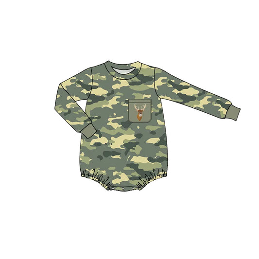 preorder LR2169 Hunting Deer Green Pocket Camo Long Sleeve Boys Romper