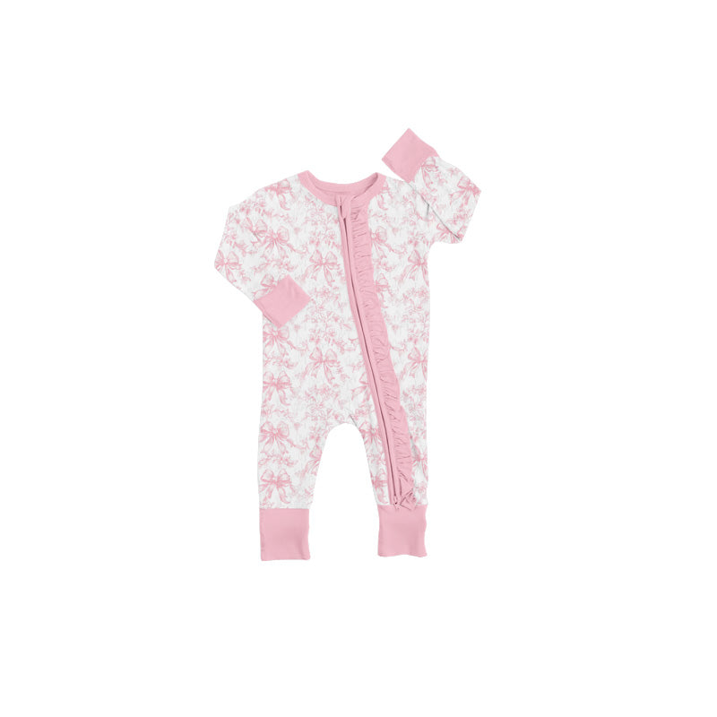 preorder LR2171 Pink Bows Flowers Long Sleeve Zipper Girls Romper