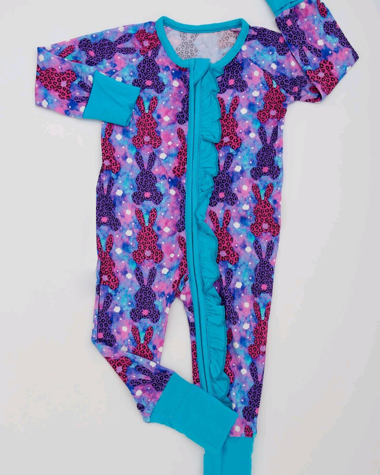 preorder LR2174 Easter rabbit bunny purple blue ink pattern zipper girls romper