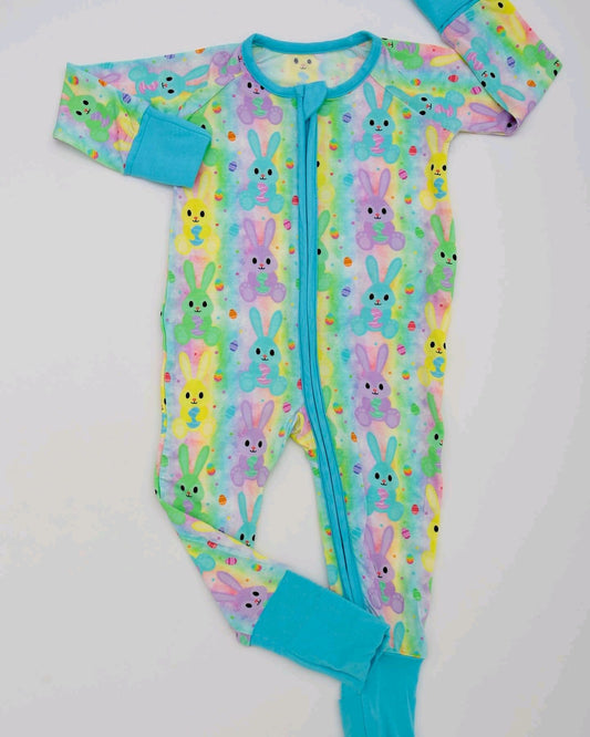 preorder LR2175 Easter bunny rabbit green yellow long sleeve zipper girls romper
