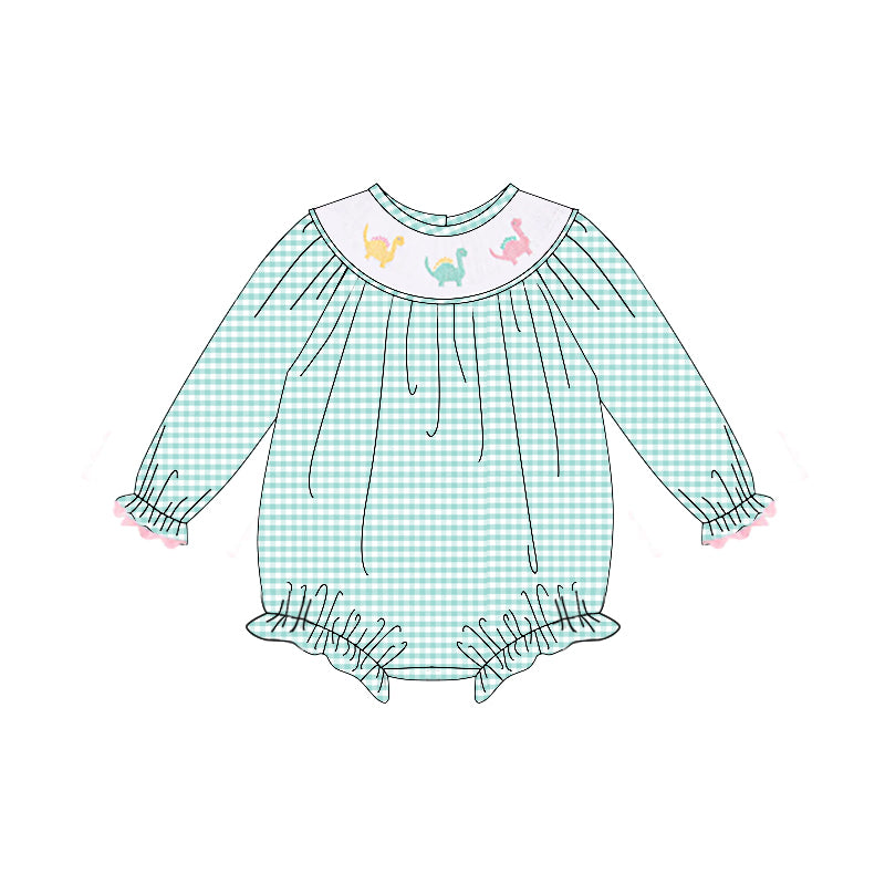 preorder LR2179 colorful dinosuar green checkered long sleeve girls romper