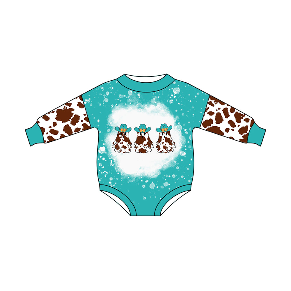 preorder LR2191 Western spooky cow print blue long sleeve girls romper
