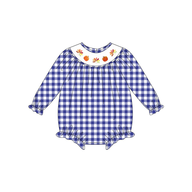preorder LR2204 smocked Thankgiving turkey pumpkin blue checkered long sleeve girls romper