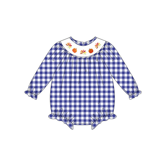 preorder LR2204 smocked Thankgiving turkey pumpkin blue checkered long sleeve girls romper