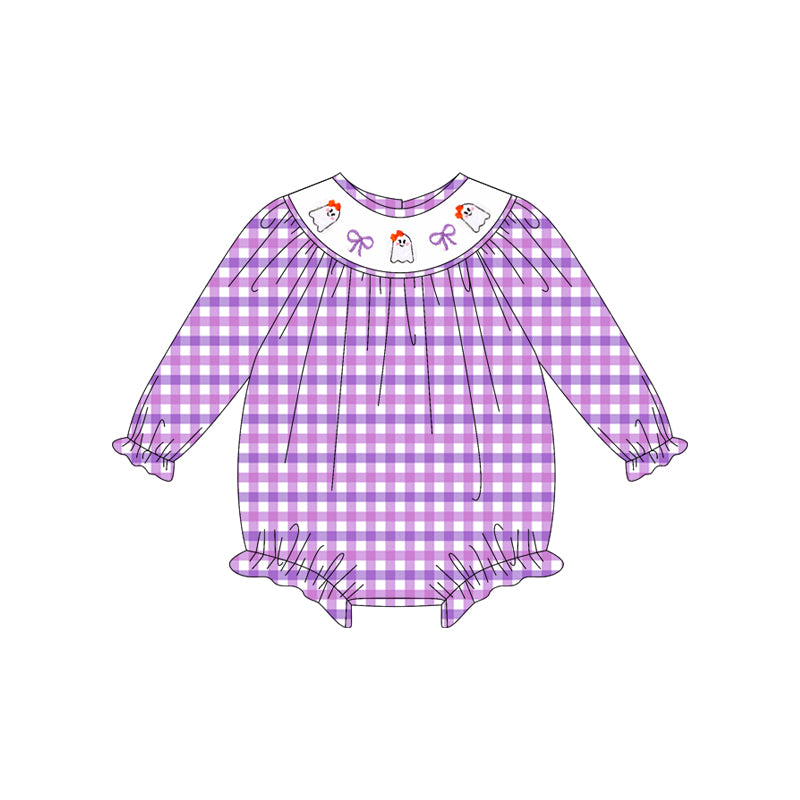 preorder LR2206 smocked Halloween spooky bows purple checkered long sleeve girls romper