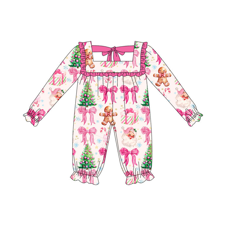 preorder LR2221 Christmas Santa gingerbread man hot pink bows long sleeve girls romper