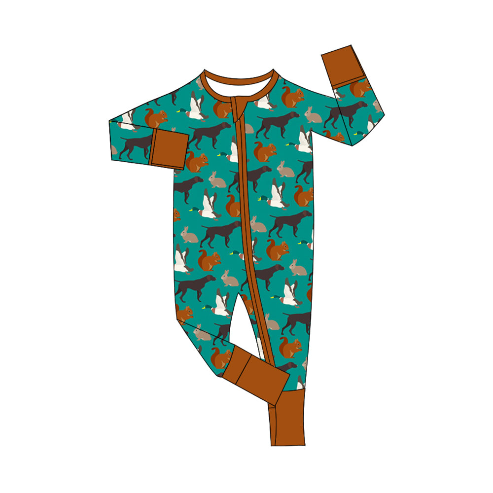 preorder LR2226 hunting dog mallard duck animals green long sleeve zipper boys romper