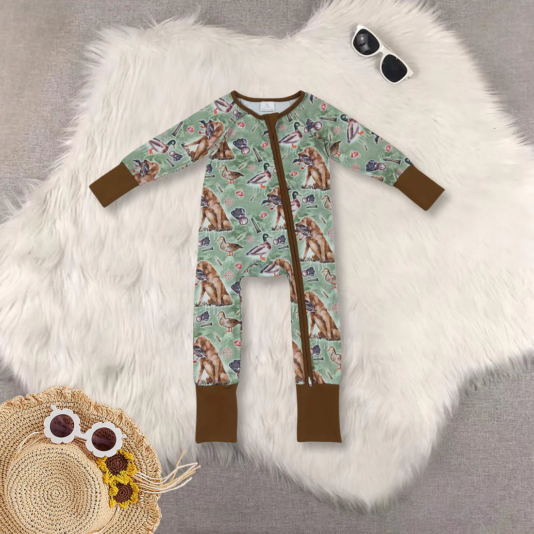hunting dog mallard zipper romper RTS sibling clothes