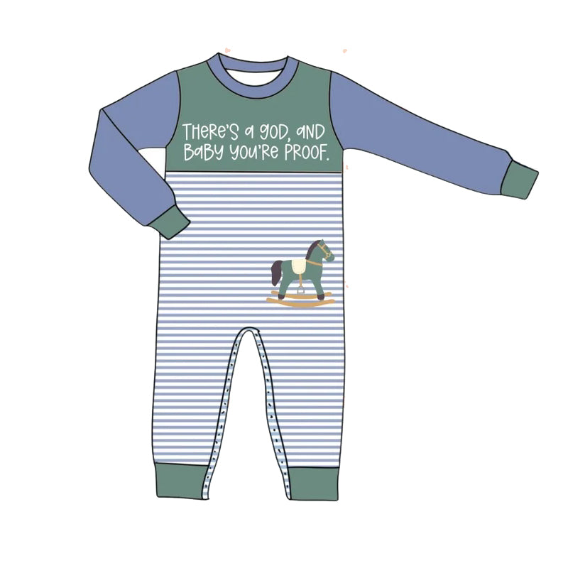 preorder LR2239 there's a god and baby you're proof horse grey blue striped long sleeve boys romper
