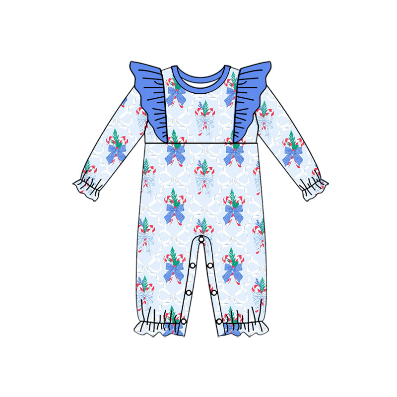 preorder LR2241 Christams candy cane blue bows long sleeve girls romper