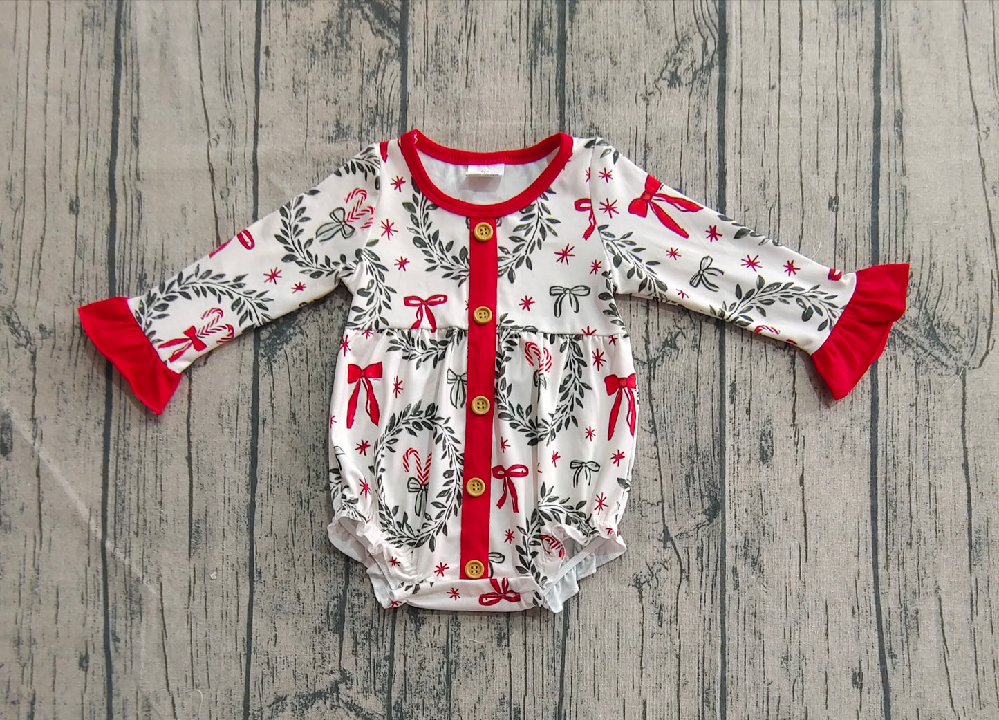 preorder LR2252 Christmas candy cane leaf red long sleeve girls romper