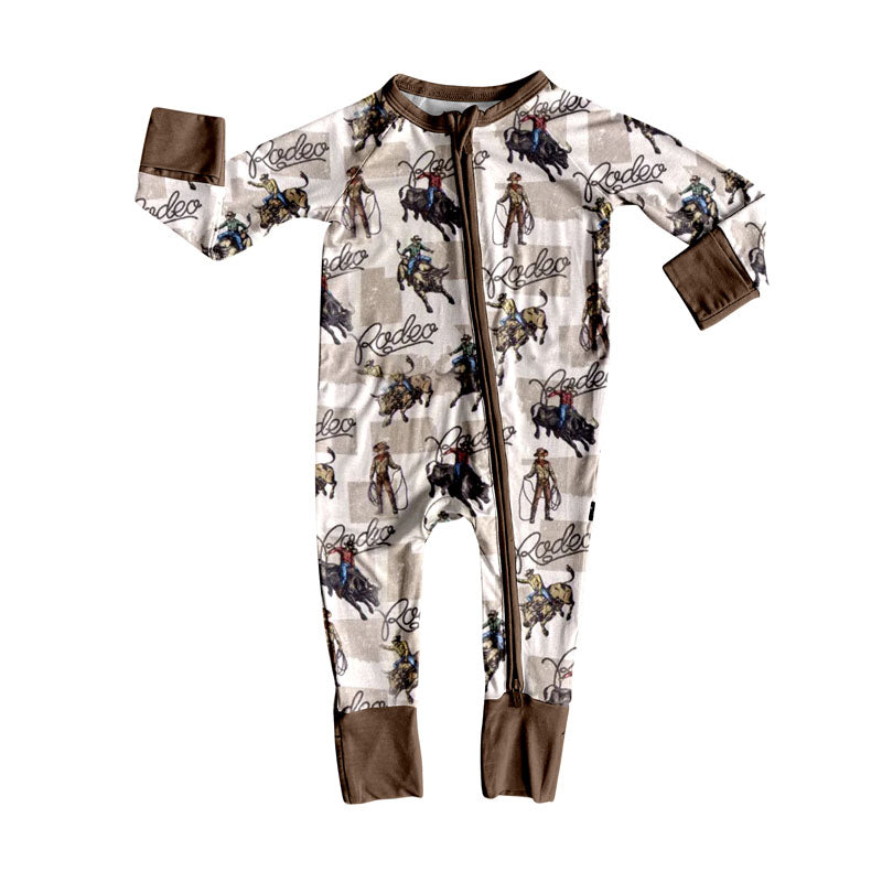 preorder LR2268 Western rodeo brown zipper long sleeve boys romper