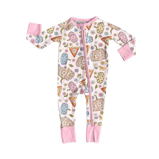 Custom moq 20 bamboo flowers pumpkin pie pink zipper long sleeve girls romper