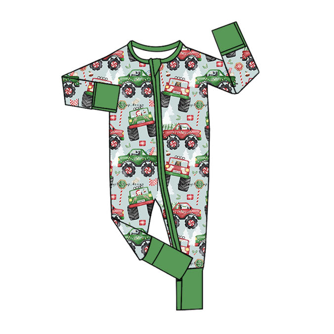 preorder LR2279 Christmas car Santa green zipper long sleeve boys romper