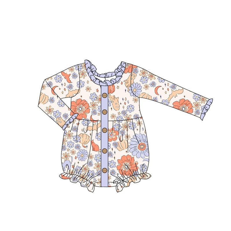 preorder LR2281 Autumn pumpkin flowers purple long sleeve girls romper