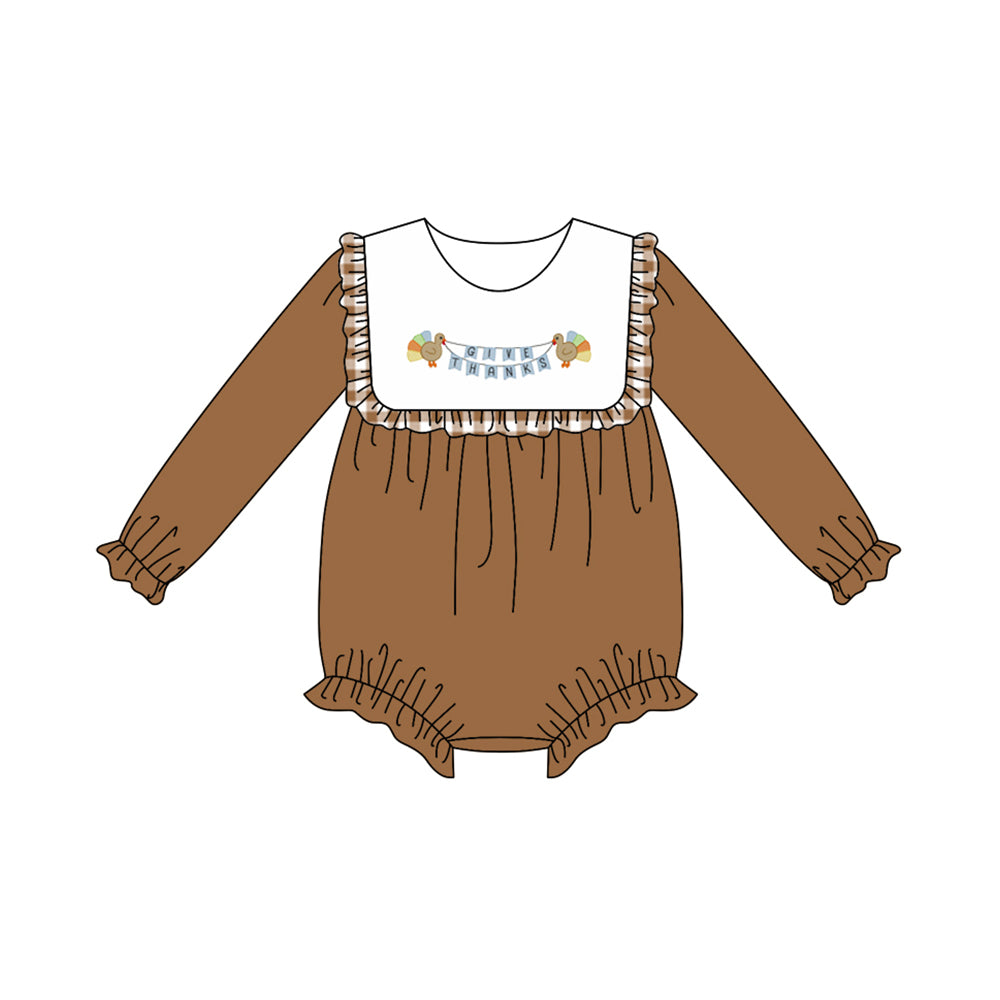 preorder LR2286 give thanks thanksgiving brown long sleeve girls romper