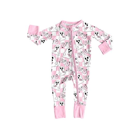preorder LR2288 Halloween spooky pink checkered long sleeve zipper girls romper