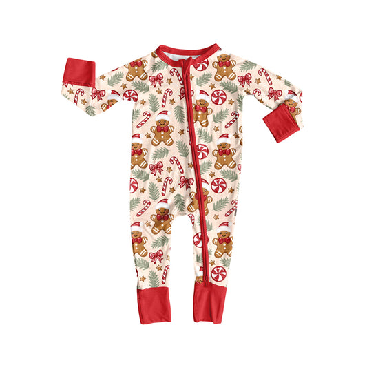 preorderLR2291 Christmas gingerbread man candy cane red long sleeve zipper boys romper
