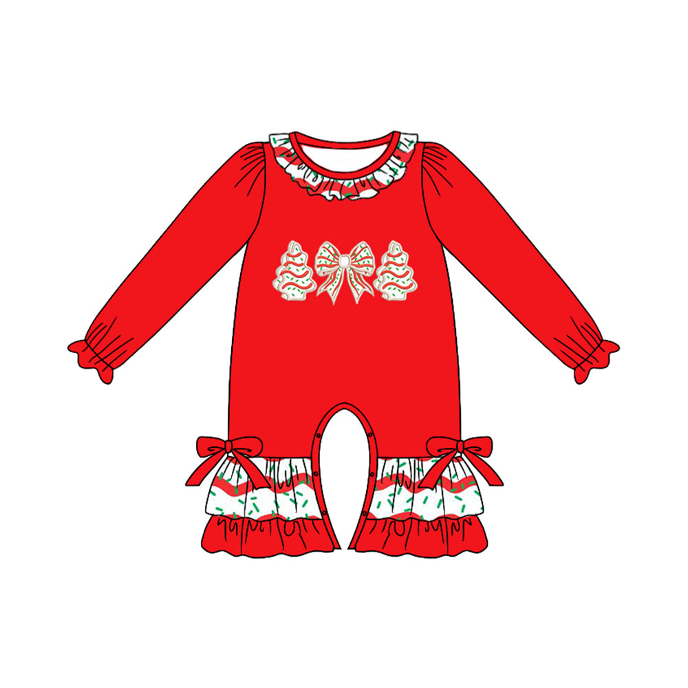 preorder LR2294 Christmas season tree bow red long sleeve girls romper