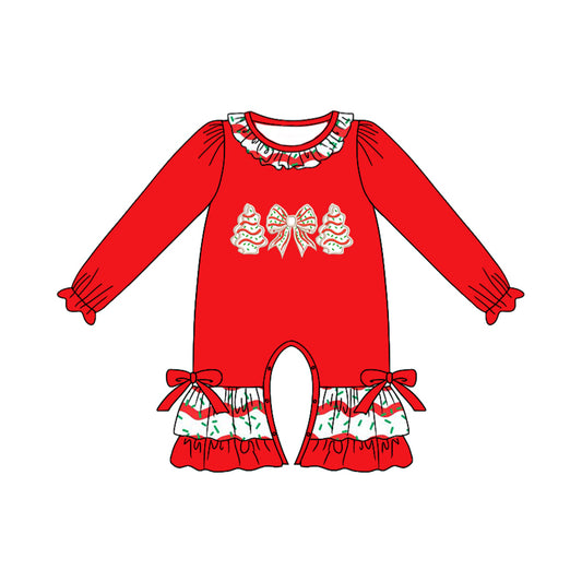 preorder LR2294 Christmas season tree bow red long sleeve girls romper