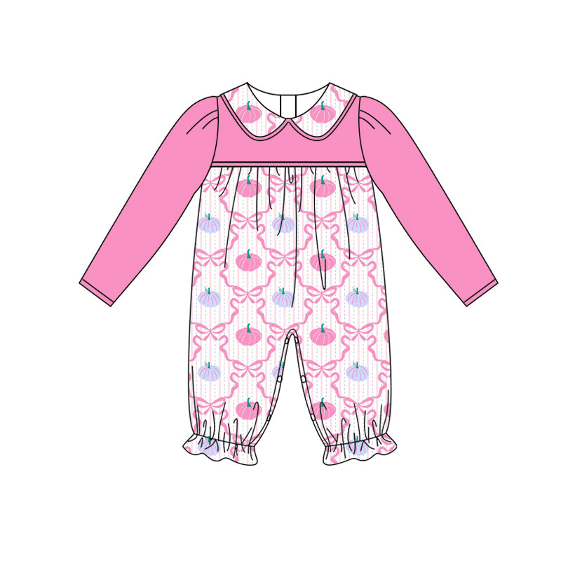 preorder LR2296 Autumn pumpkin bows hot pink long sleeve girls romper