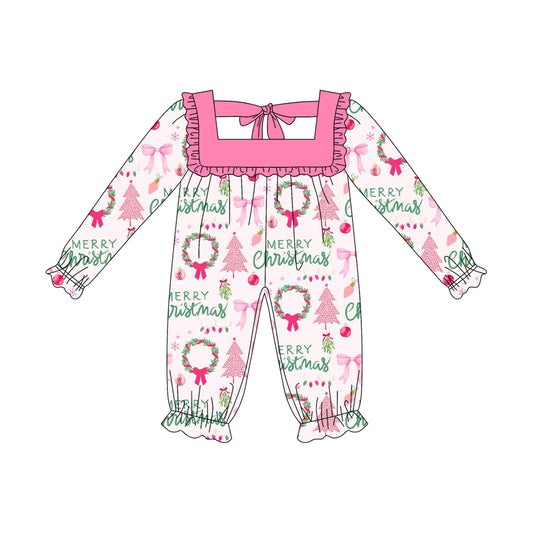 preorder LR2297 Merry Christmas tree bows hot pink long sleeve girls romper