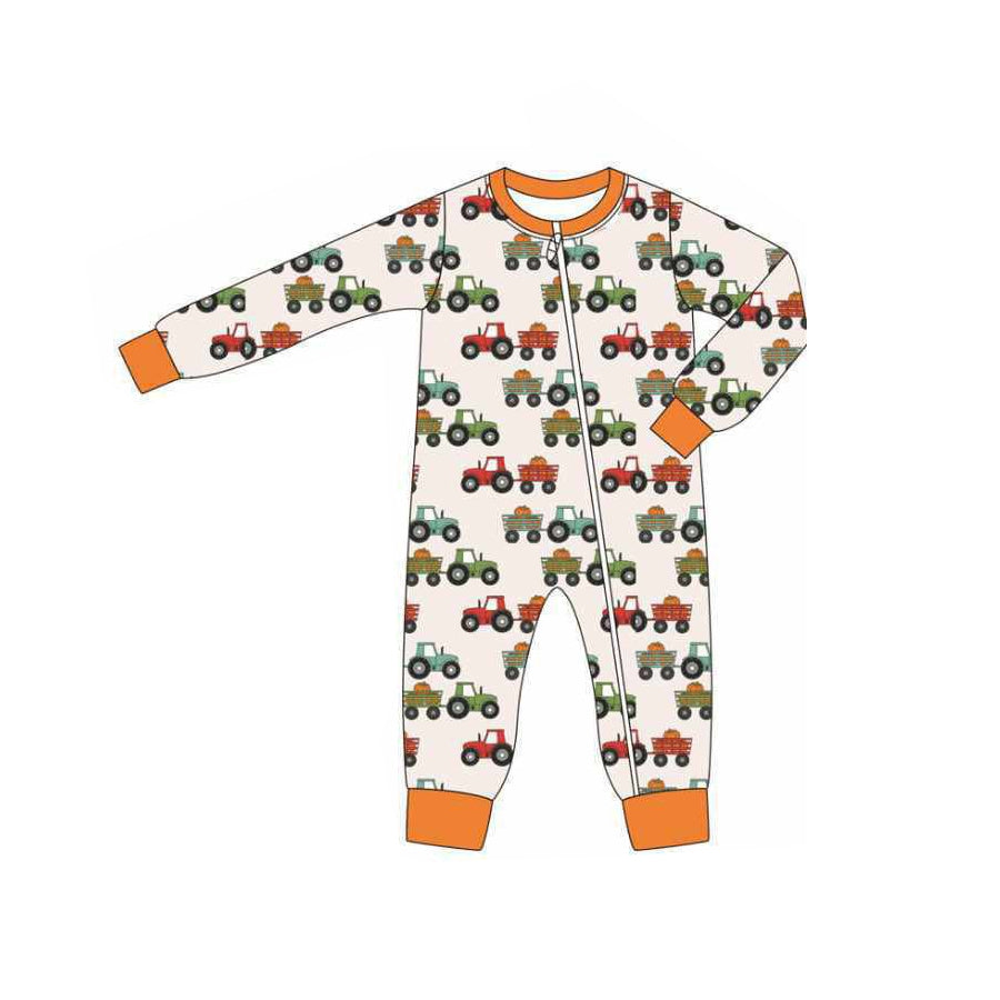 preorder LR2304 Autumn tractor pumpkin orange long sleeve zipper boys romper