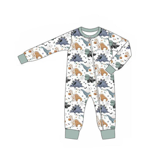 preorder LR2305 Halloween pumpkin cartoon dinosaur blue long sleeve boys romper