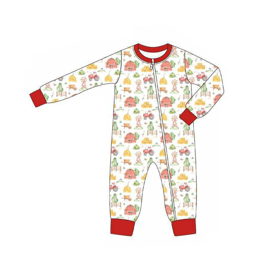 preorder LR2306 farm tractor house red long sleeve zipper boys romper