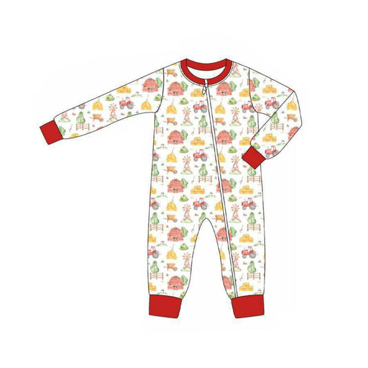 preorder LR2306 farm tractor house red long sleeve zipper boys romper