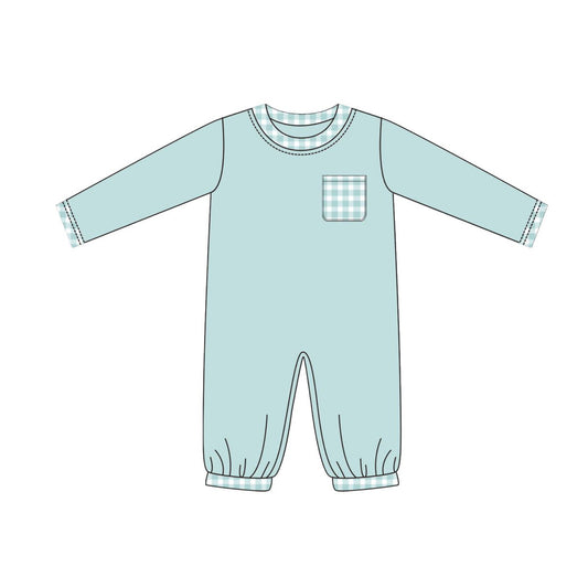 preorder LR2309 blue checkered pocket long sleeve boys romper