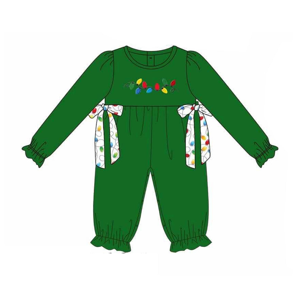 preorder LR2314 Christmas light green bows long sleeve girls romper