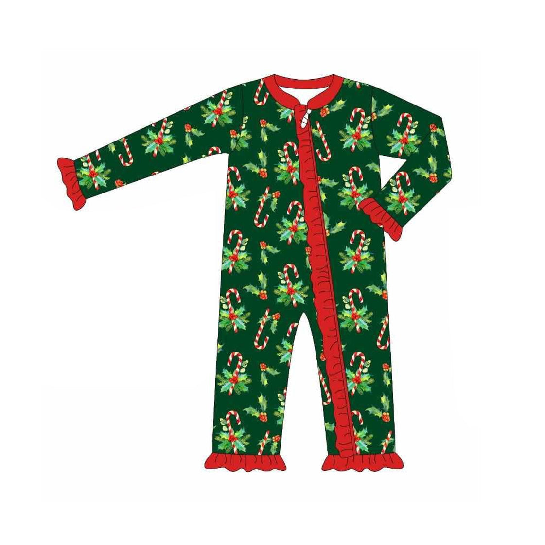 preorder LR2316 Christmas holly berry candy cane green long sleeve zipper girls romper
