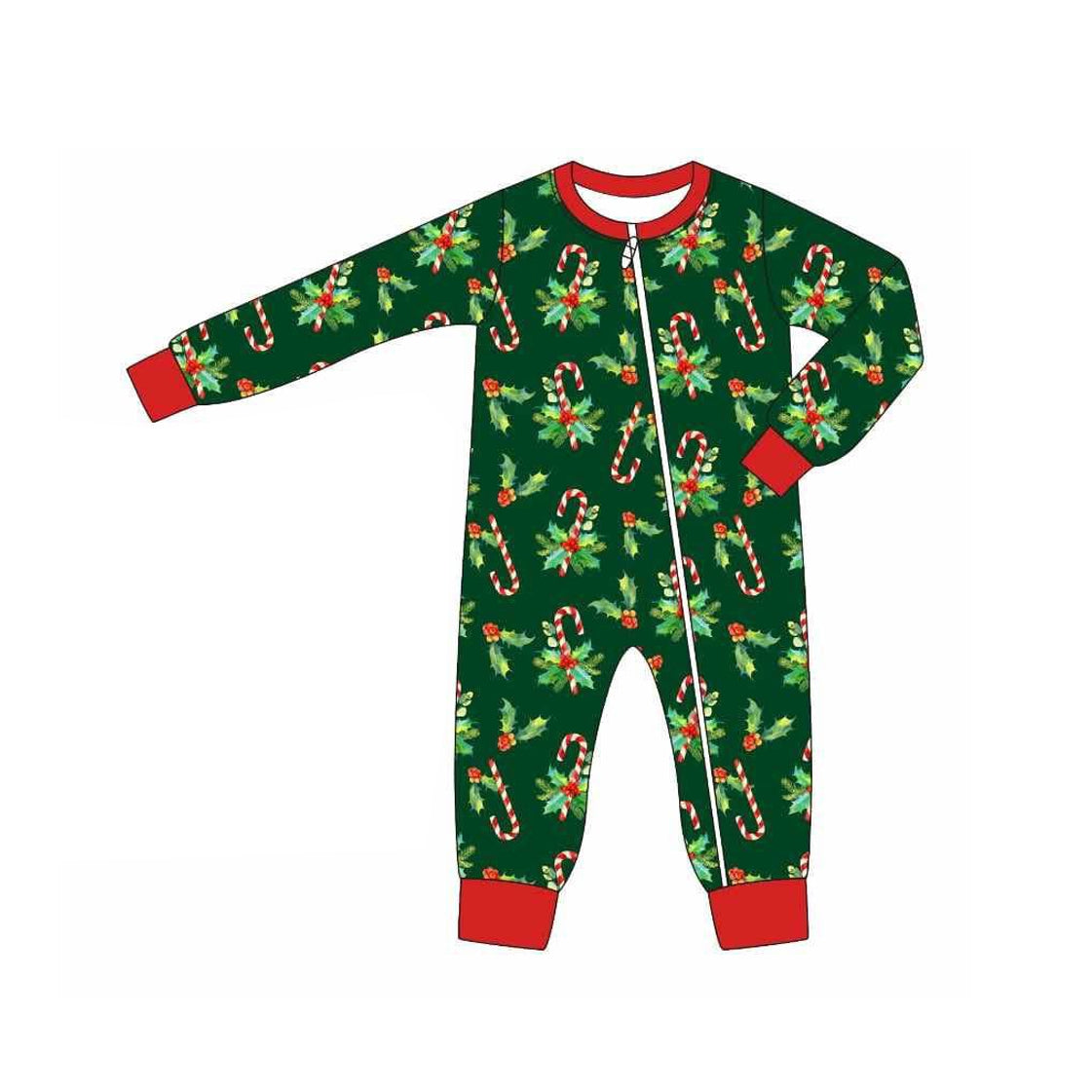 preorder LR2317 Christmas holly berry candy cane green long sleeve zipper boys romper