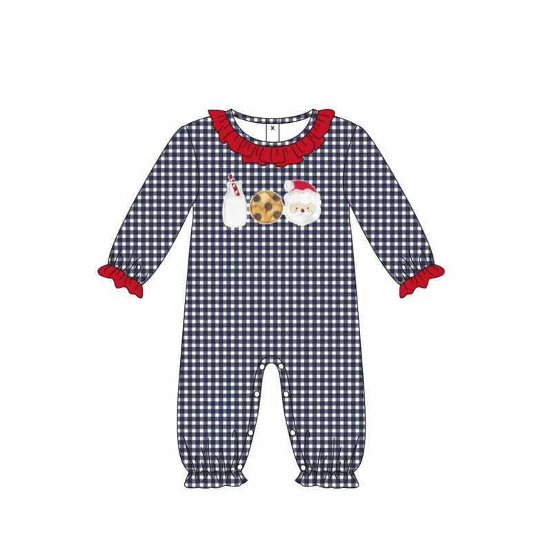 preorder LR2318 Christmas Santa cookie milk black checkered long sleeve girls romper