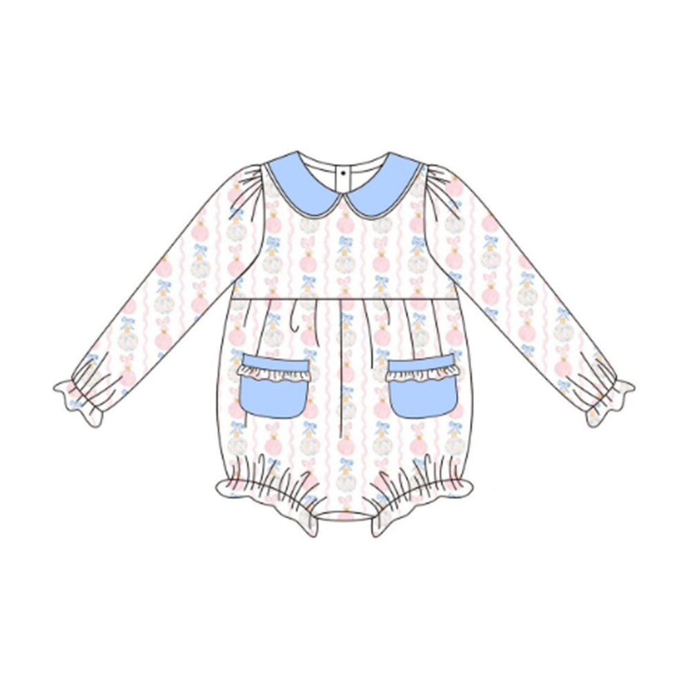preorder LR2323 vase bows pockets long sleeve girls romper