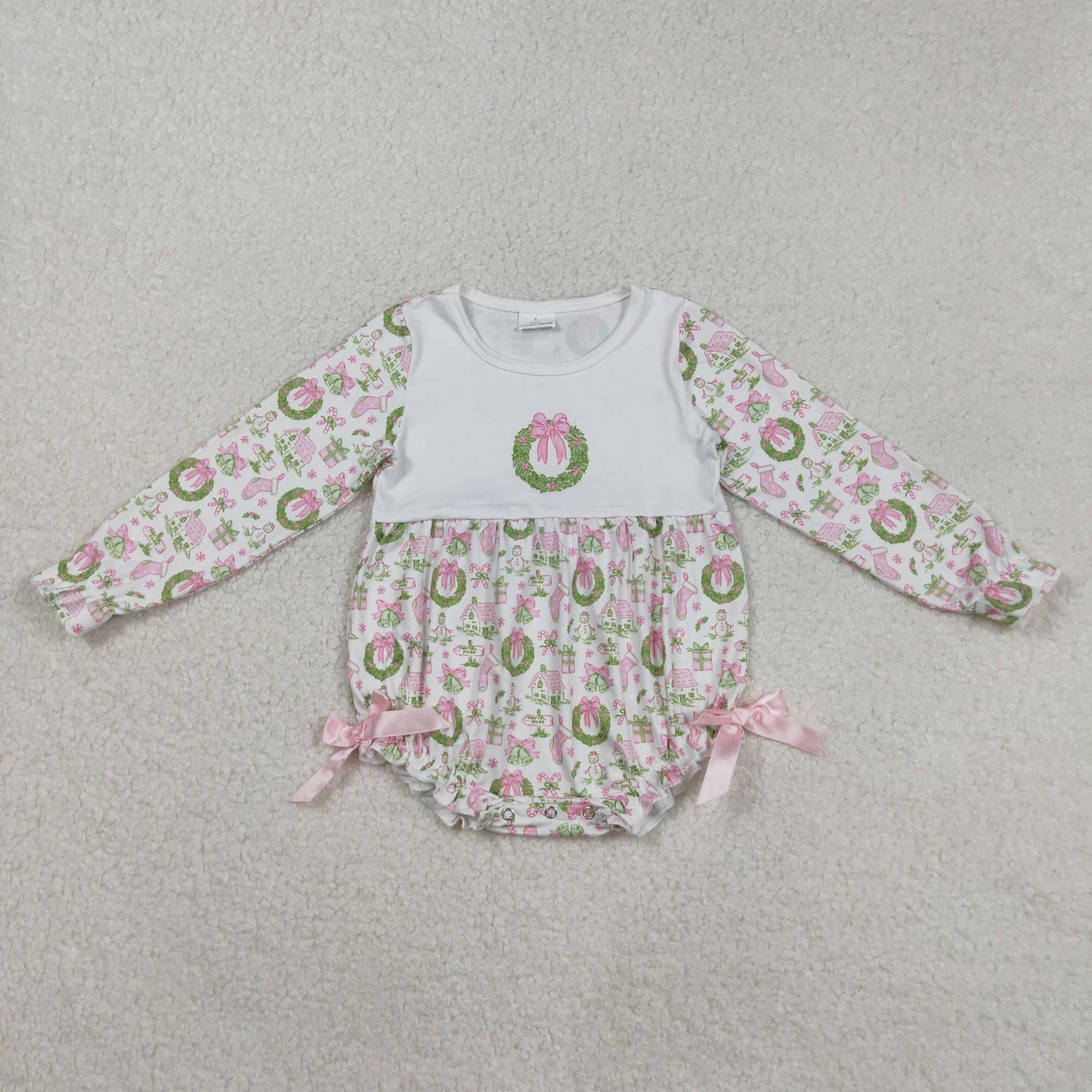 LR2325 Christmas holly berry bows snoman long sleeve girls romper
