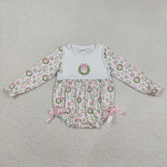 LR2325 Christmas holly berry bows snoman long sleeve girls romper