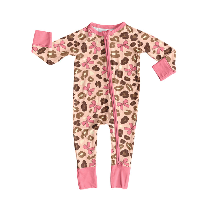 preorder LR2326 hunting leopard pink bows long sleeve zipper girls romper