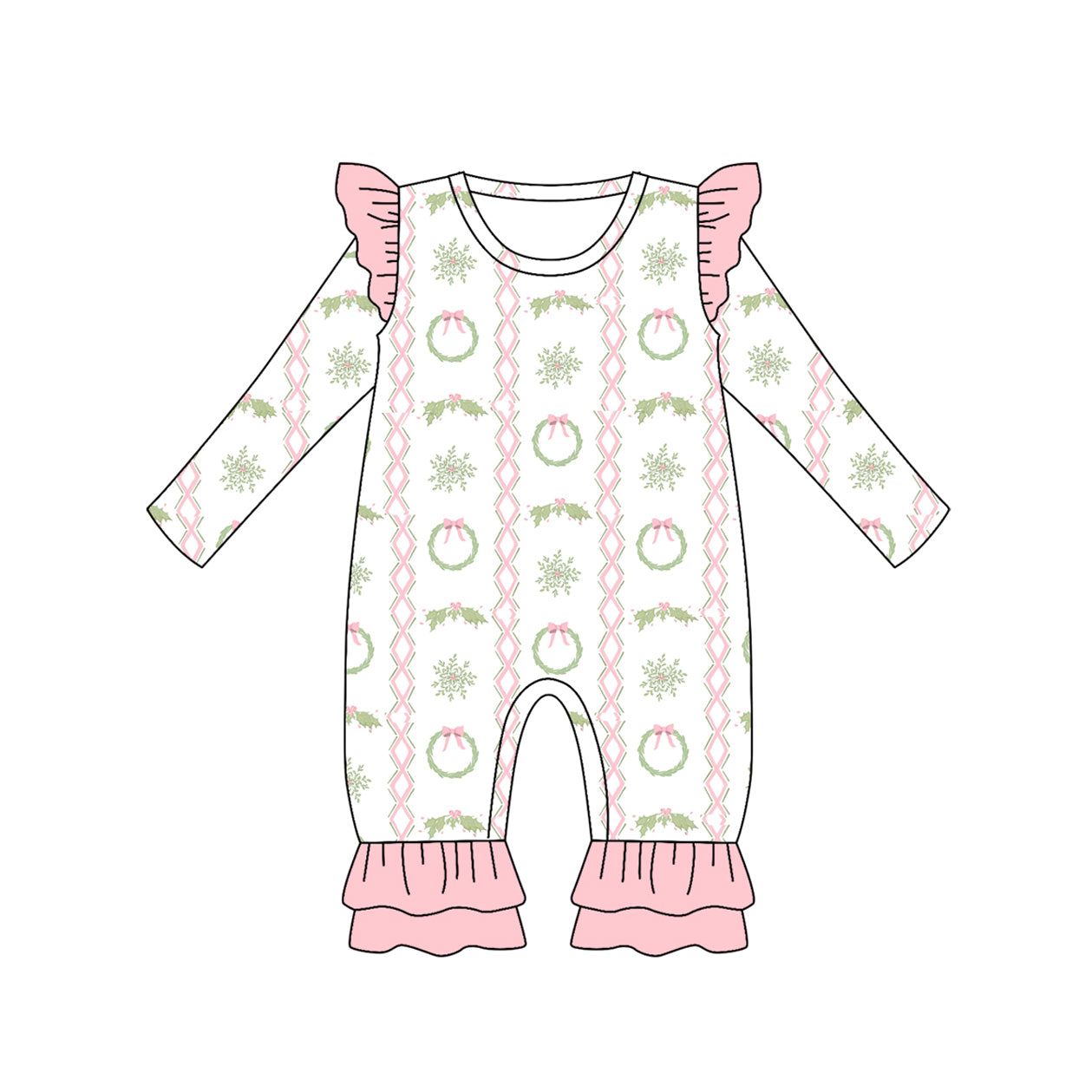 preorder LR2339 Christmas holly berry pink ruffles long sleeve girls romper