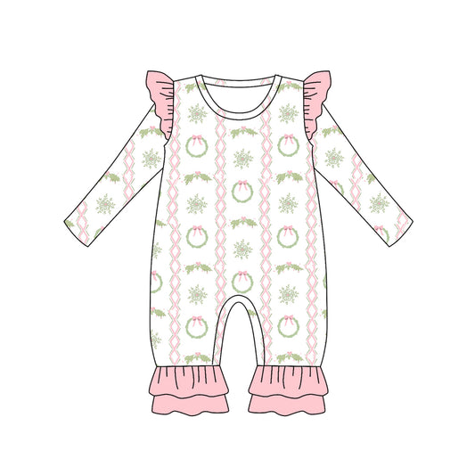 preorder LR2339 Christmas holly berry pink ruffles long sleeve girls romper