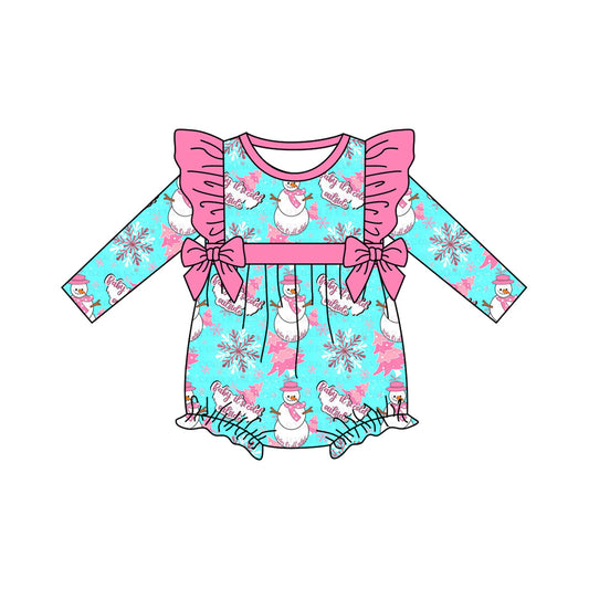 preorder LR2340 Christmas snowman hot pink bows ruffles blue long sleeve girls romper