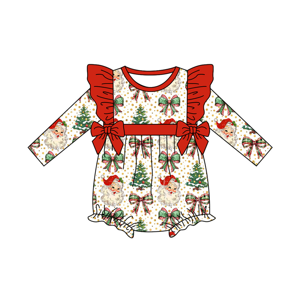 preorder LR2343 Christmas Santa bows tree red long sleeve girls romper