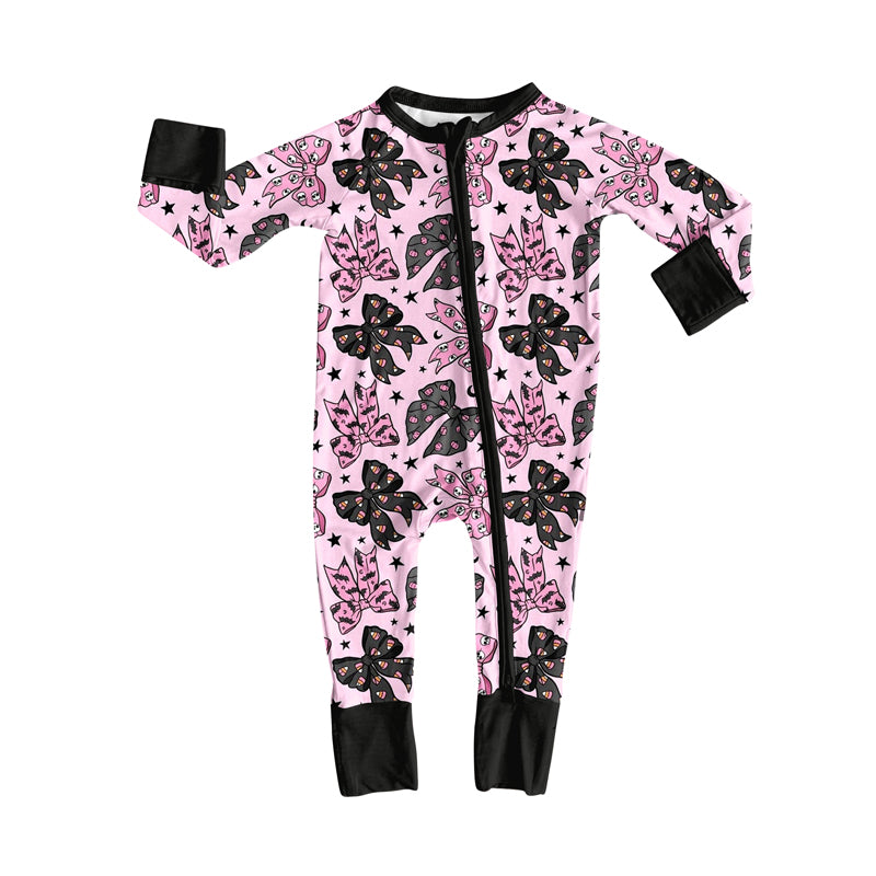 preorder LR2345 Halloween spooky bat bows pink/black zipper long sleeve girls romper