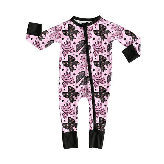 preorder LR2345 Halloween spooky bat bows pink/black zipper long sleeve girls romper