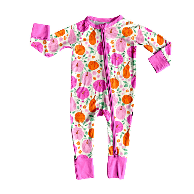 preorder LR2348 hot pink/pink/orange pumpkin flowers zipper long sleeve girls romper