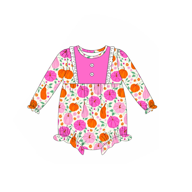 preorder LR2349 hot pink/pink/orange pumpkin flowers long sleeve girls romper