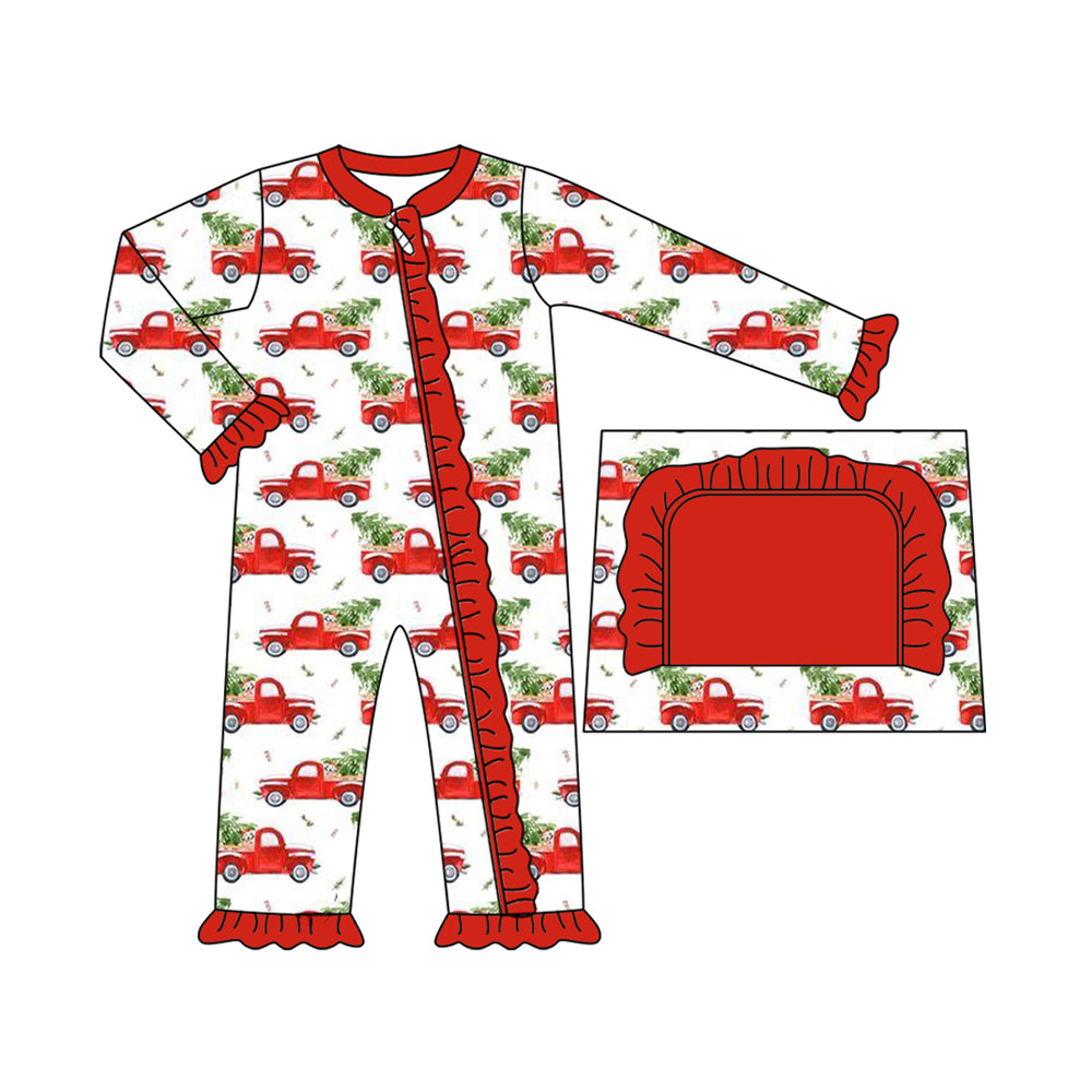 preorder LR2356 Christmas tree truck car red long sleeve zipper girls romper