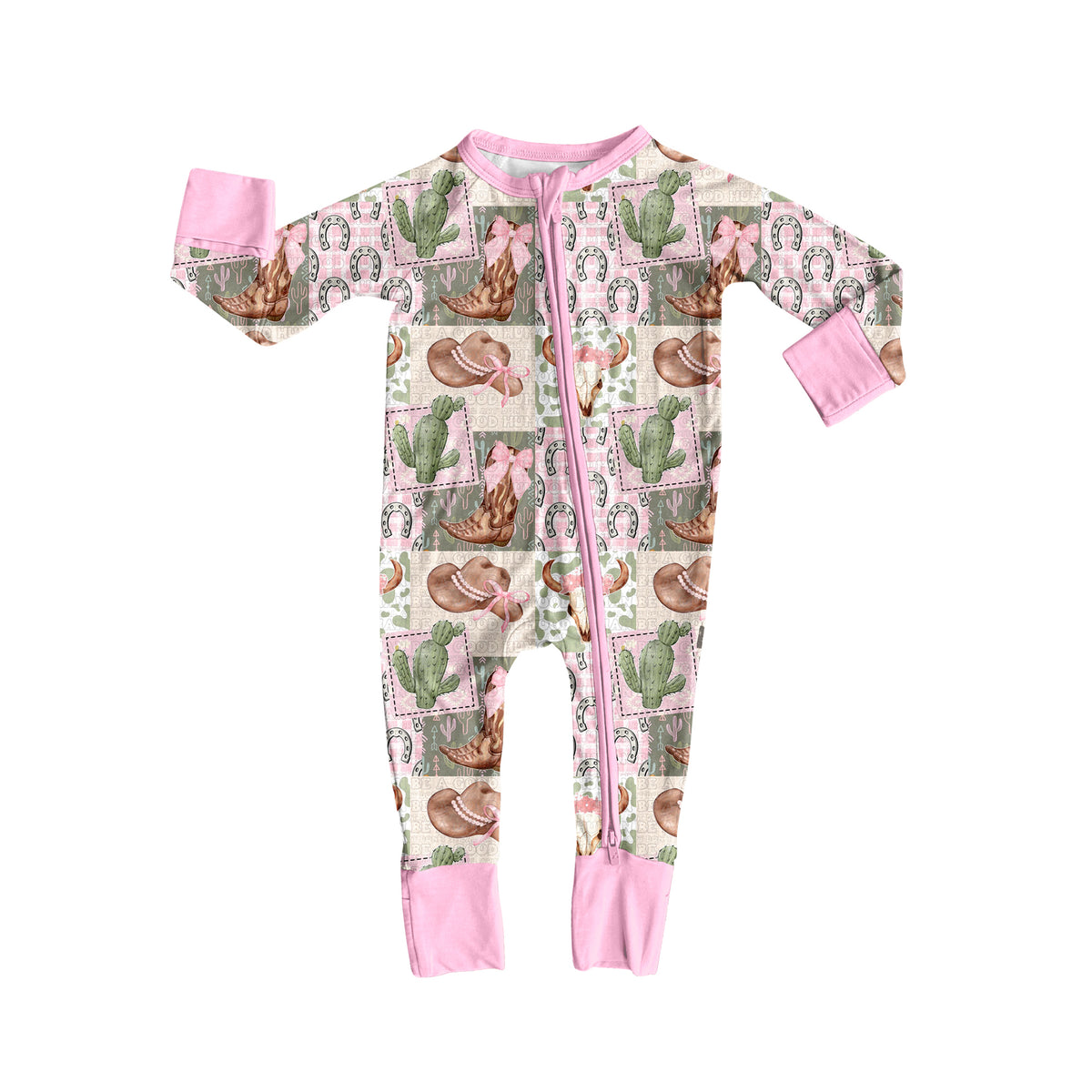 preorder LR2359 Western boot cactus hat pink bows long sleeve zipper girls romper